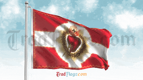 TradFlags Most Sacred Heart of Jesus Flag flying in the wind on a pole