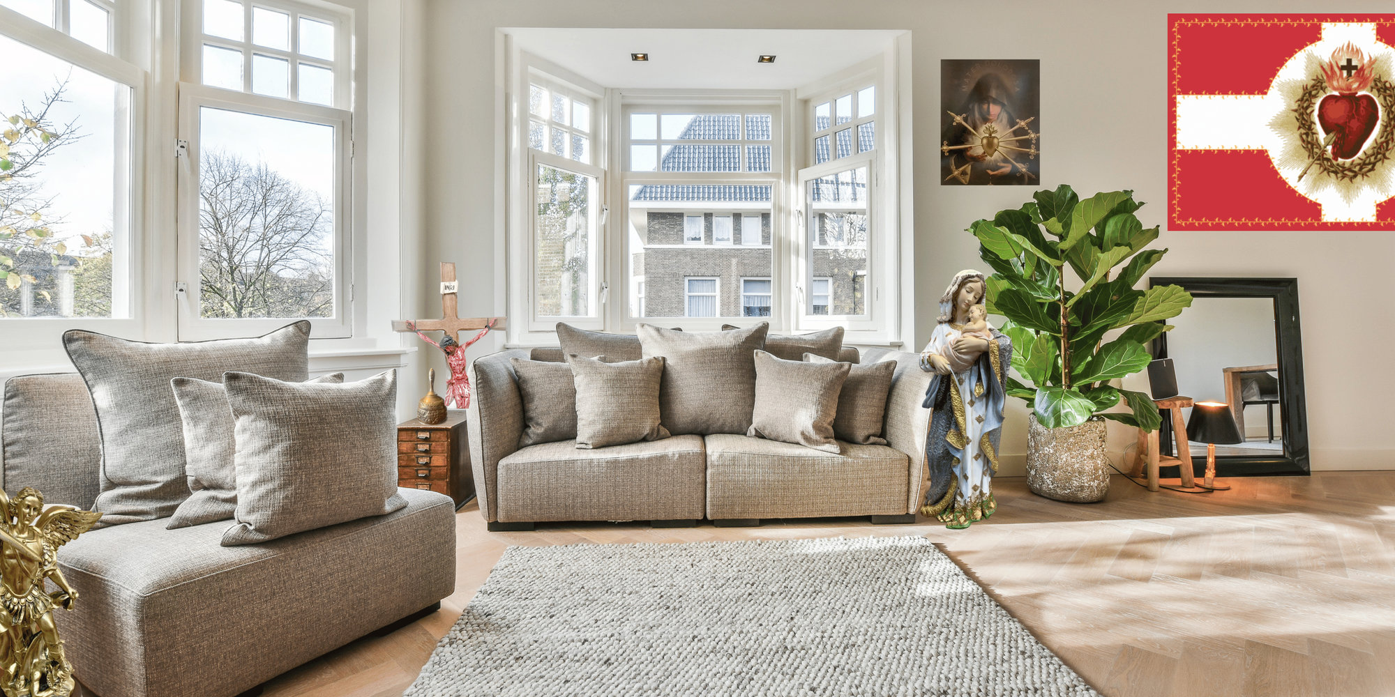 living room with religious items from OSMM online store