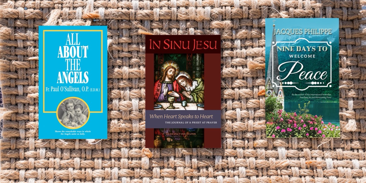 Cathoilc books on jute rug in sunlight