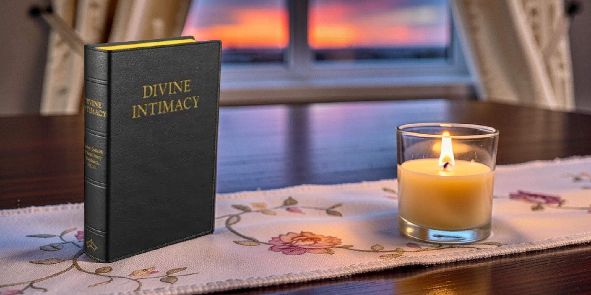 Divine Intimacy book on table with small beeswax candle in glass candle holder at sunset