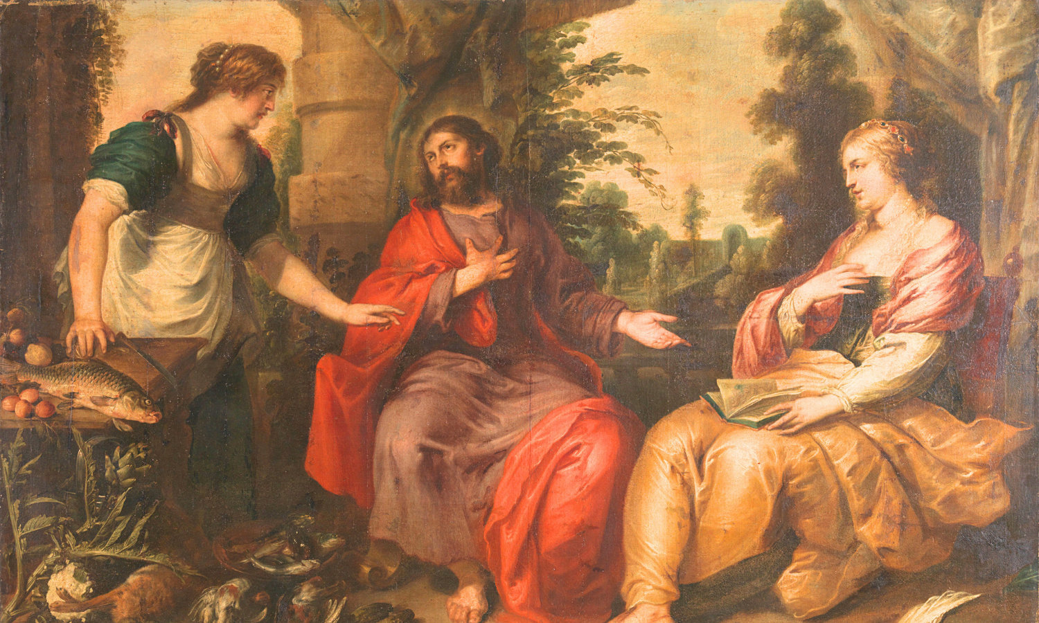 Jesus at the home of Martha, Mary and Lazarus. Martha is working while Mary is on His right relaxing and listening.