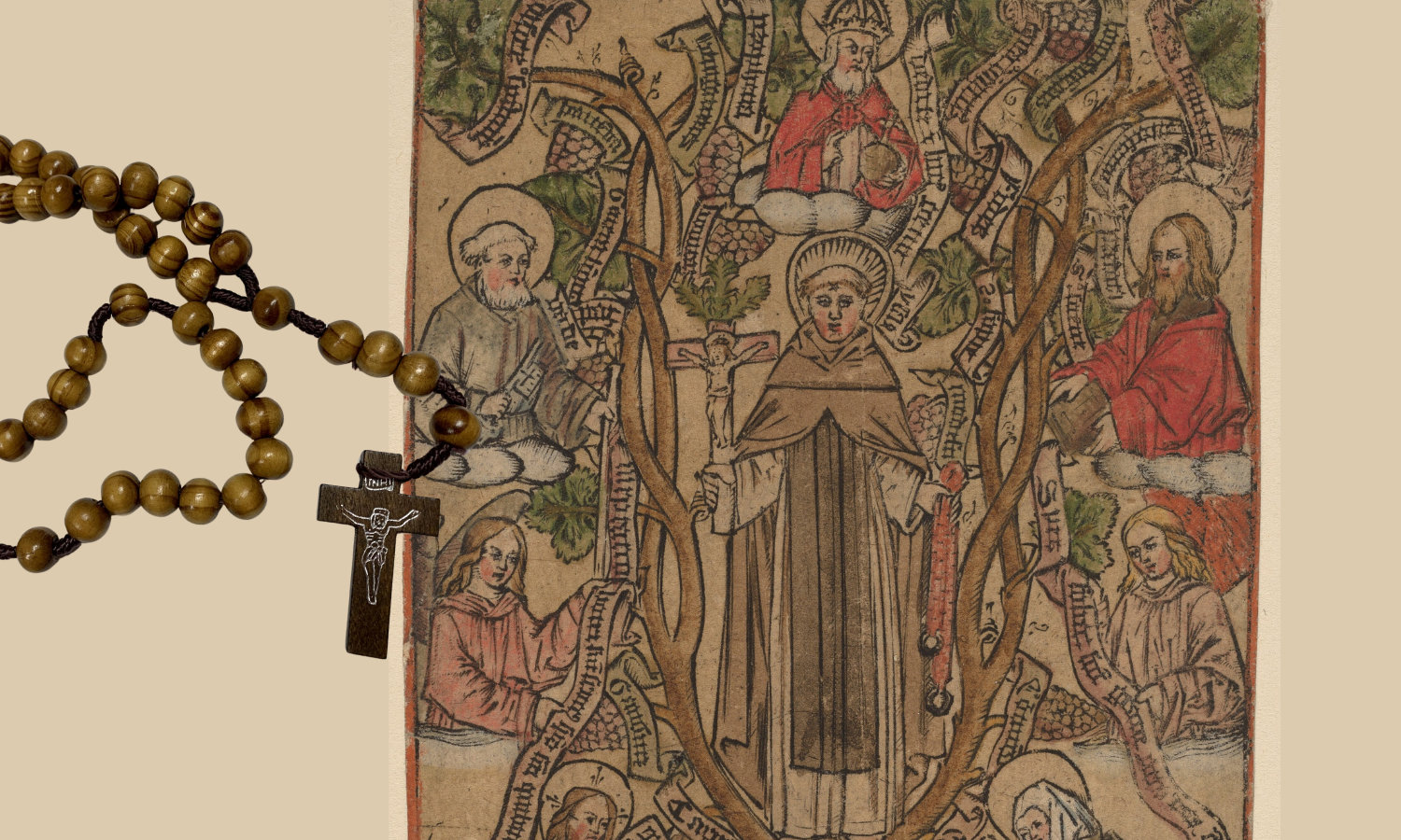Saint Dominic art with brown wooden rosary